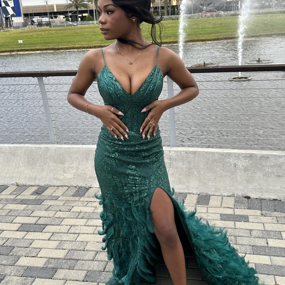 Green Sequin Embellished Gown with Plunge Neckline